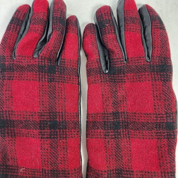 ORVIS Women's Wool Lined Leather Gloves Size M Red Black Plaid Winter Glove - Picture 6 of 9